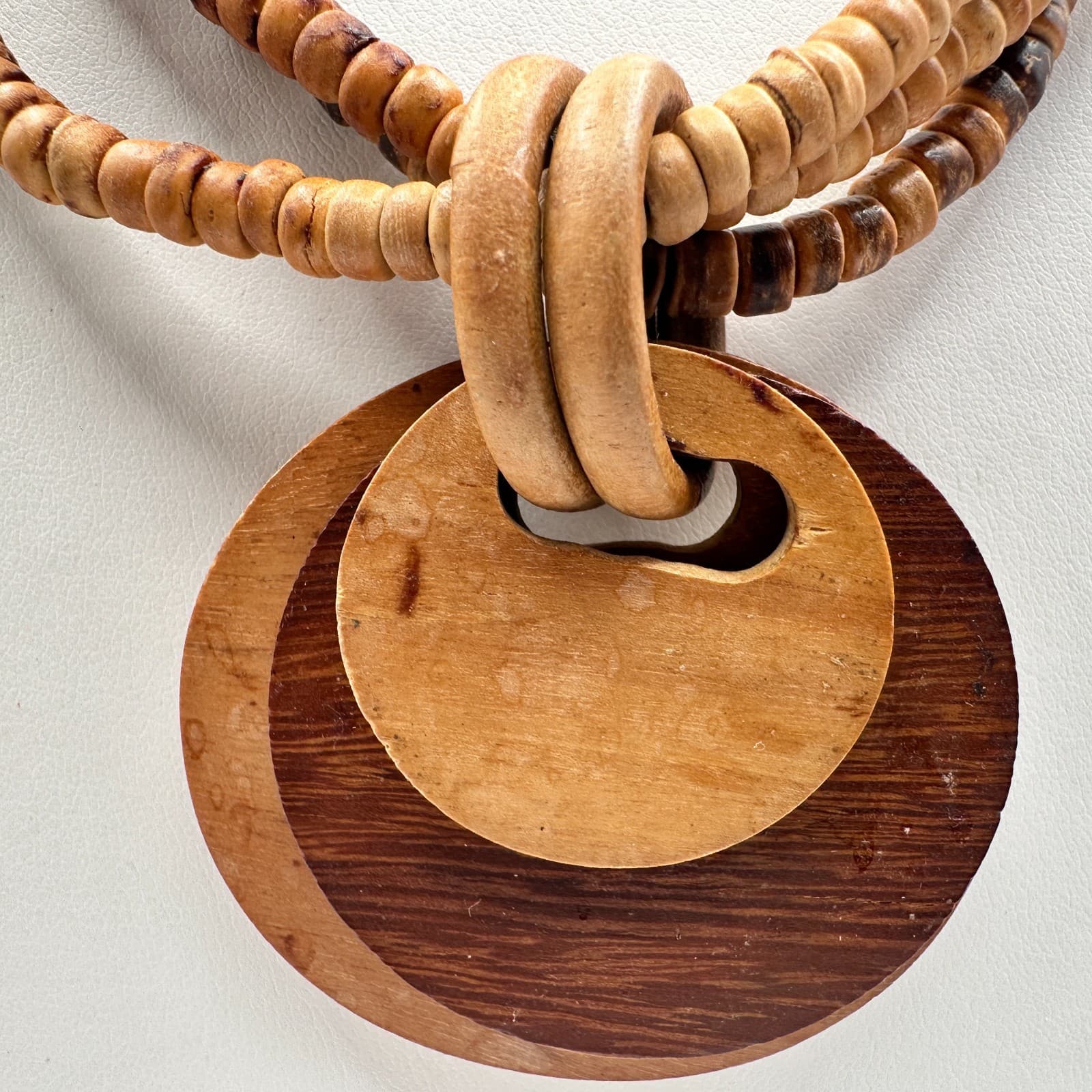 Vintage 80s Multi-strand wooden bead necklace with two circular pendants jewelry - Thumbnail 3