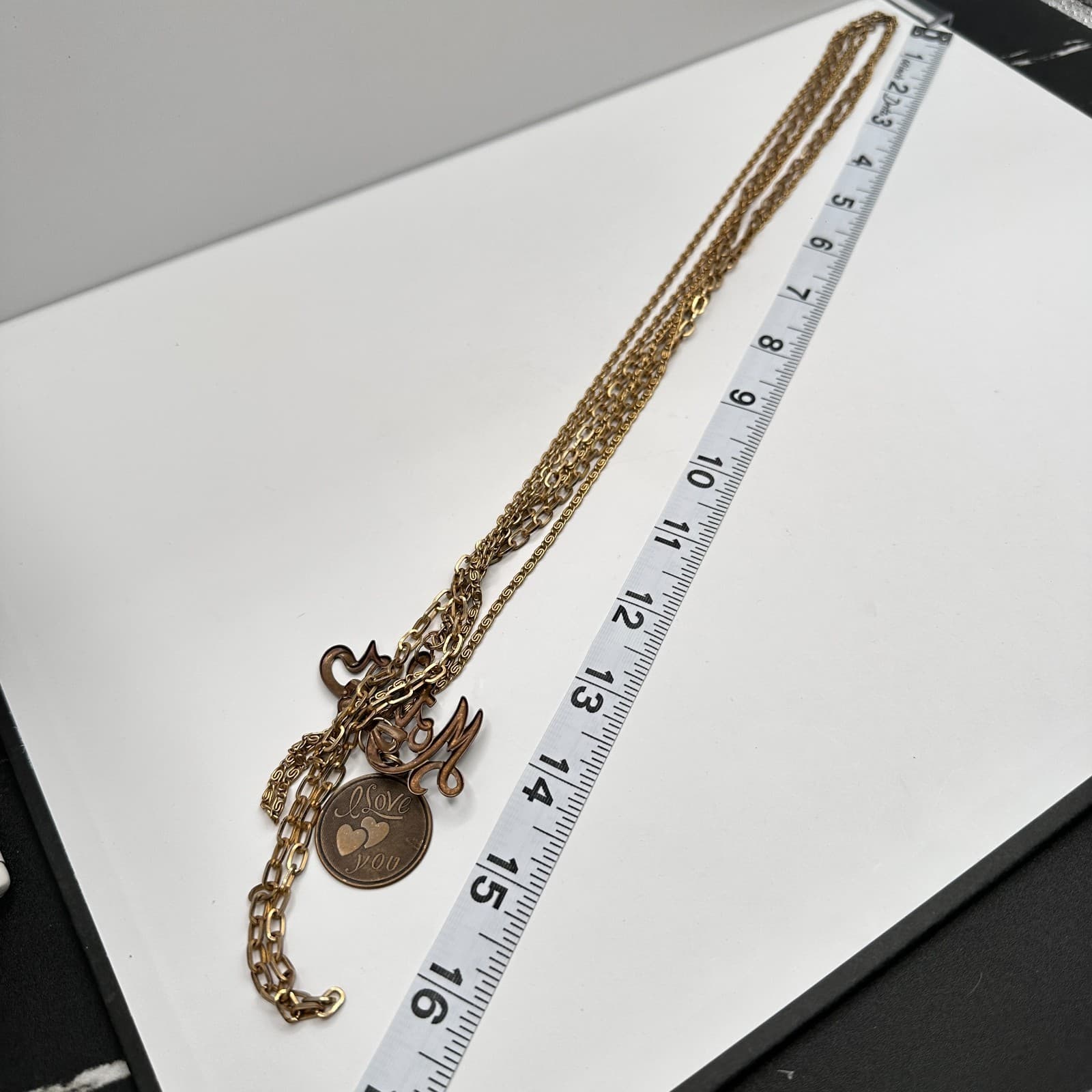 Vintage 80s Gold Tone Mother Love Script Pendant Layered Chain Necklace Jewelry - Thumbnail 11