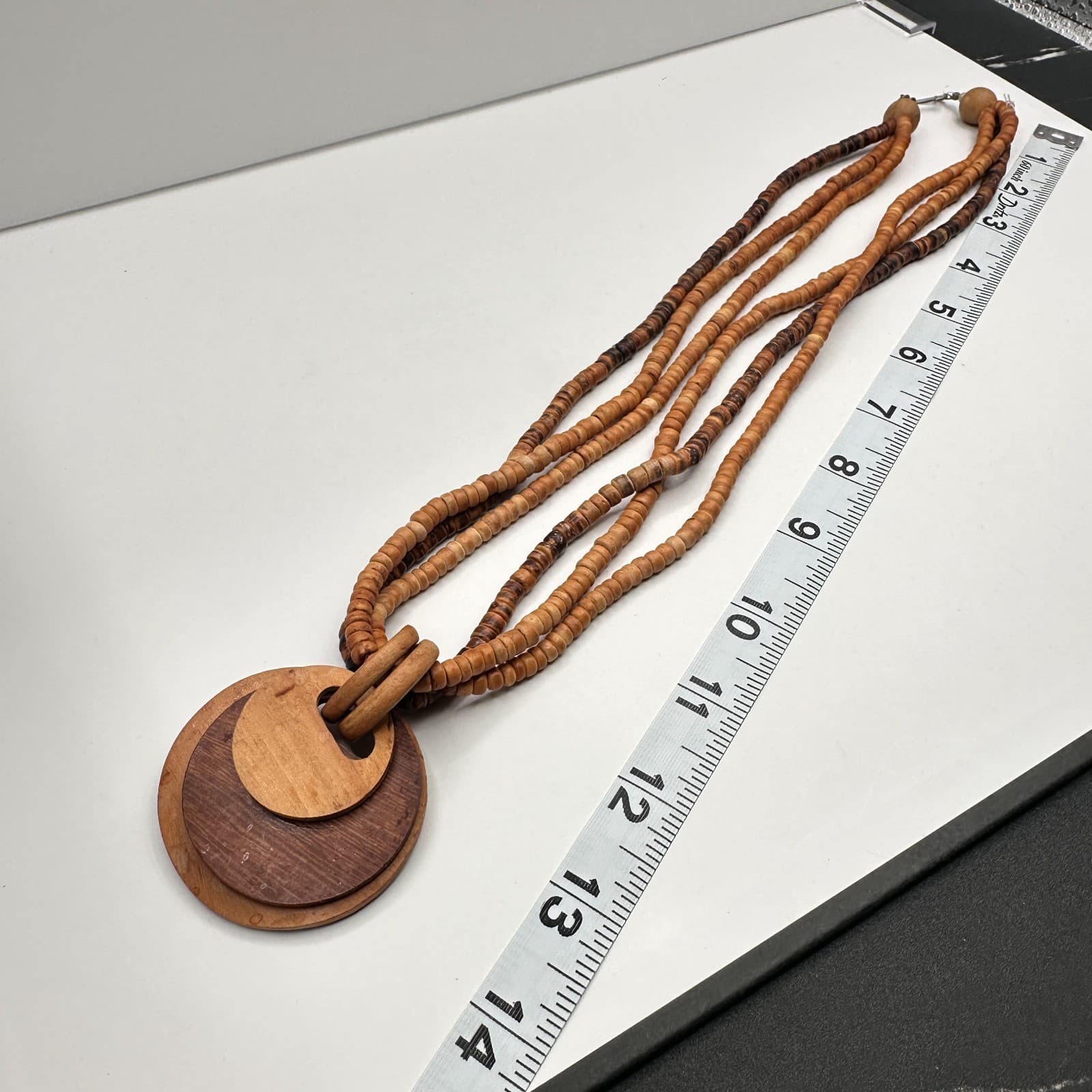 Vintage 80s Multi-strand wooden bead necklace with two circular pendants jewelry - Thumbnail 10