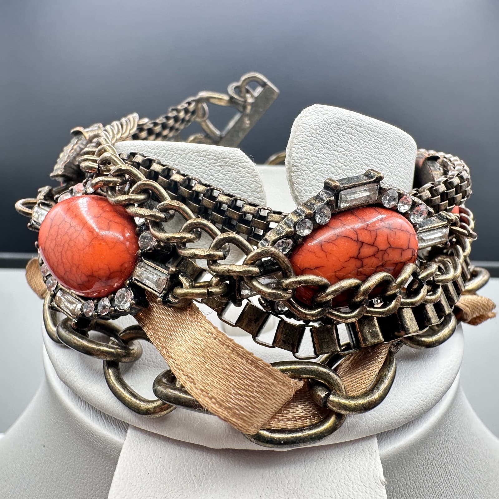 Vintage 90s Bronze Tone Multi-Chain Bracelet Orange Faux Stone Boho Statement - Thumbnail 2