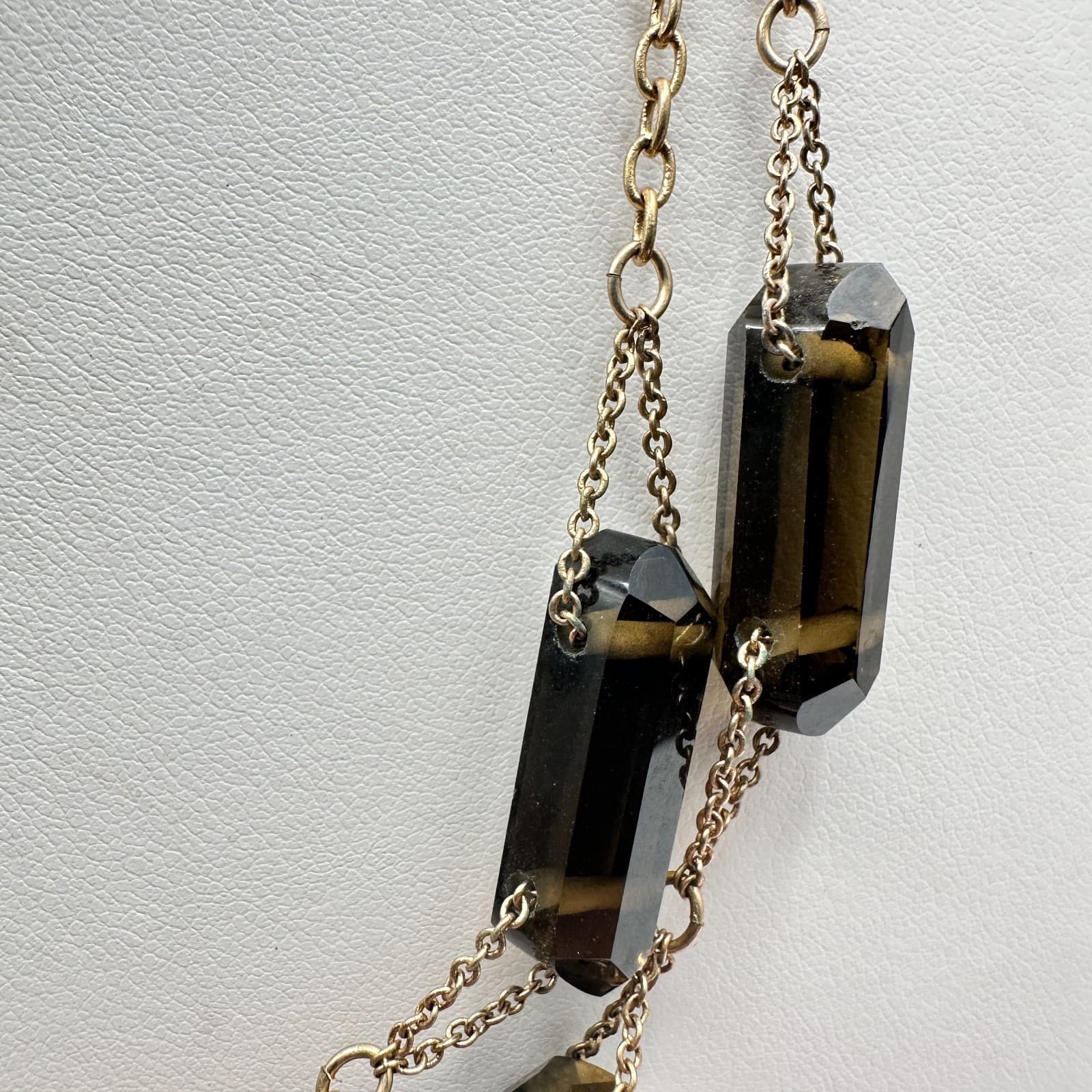 Vintage 80s Gold Tone Layered Necklace Faceted Dark Barrel Bead Stations Jewelry - Thumbnail 5