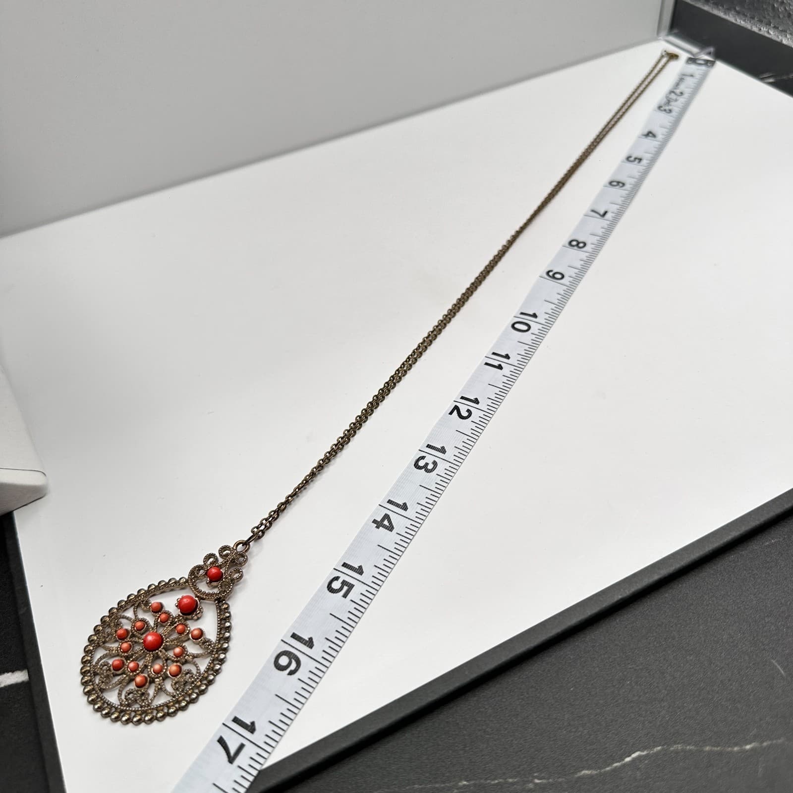 Vintage 80s Gunmetal Teardrop Mandala Coral Pink Bead Pendant Necklace Jewelry - Thumbnail 8