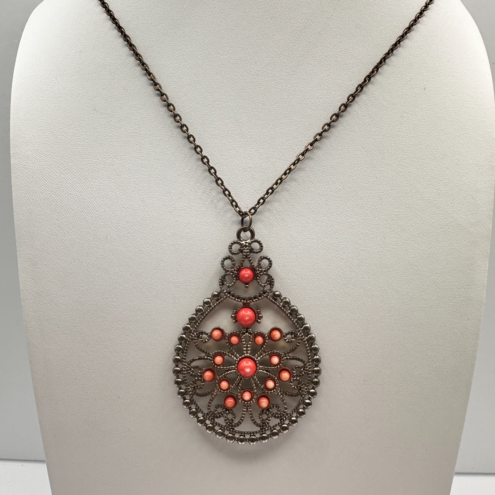 Vintage 80s Gunmetal Teardrop Mandala Coral Pink Bead Pendant Necklace Jewelry - Thumbnail 2