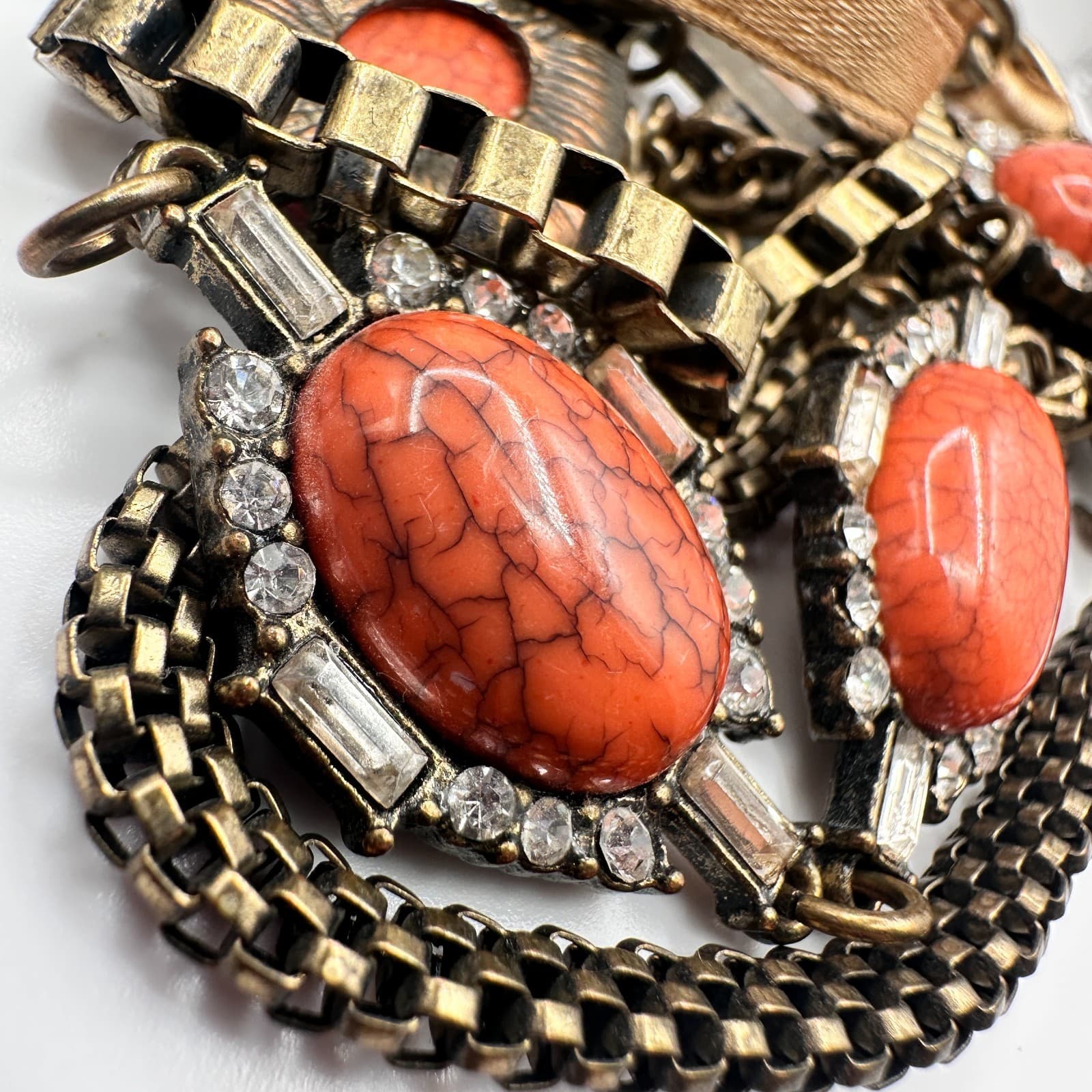 Vintage 90s Bronze Tone Multi-Chain Bracelet Orange Faux Stone Boho Statement - Thumbnail 7