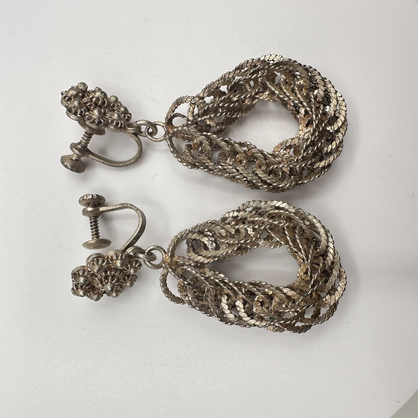 Vintage 80s 90s Silver Tone Woven Mesh Chain Dangle Earrings Screw Back Jewelry - Thumbnail 6