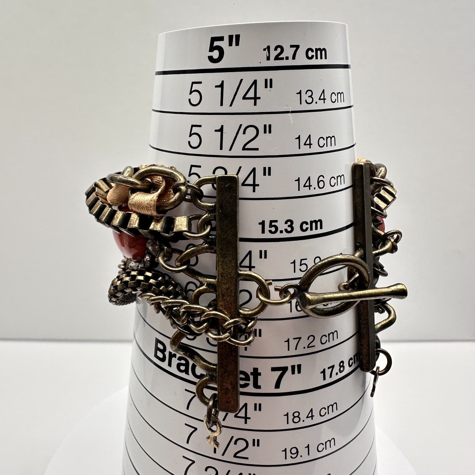 Vintage 90s Bronze Tone Multi-Chain Bracelet Orange Faux Stone Boho Statement - Thumbnail 8