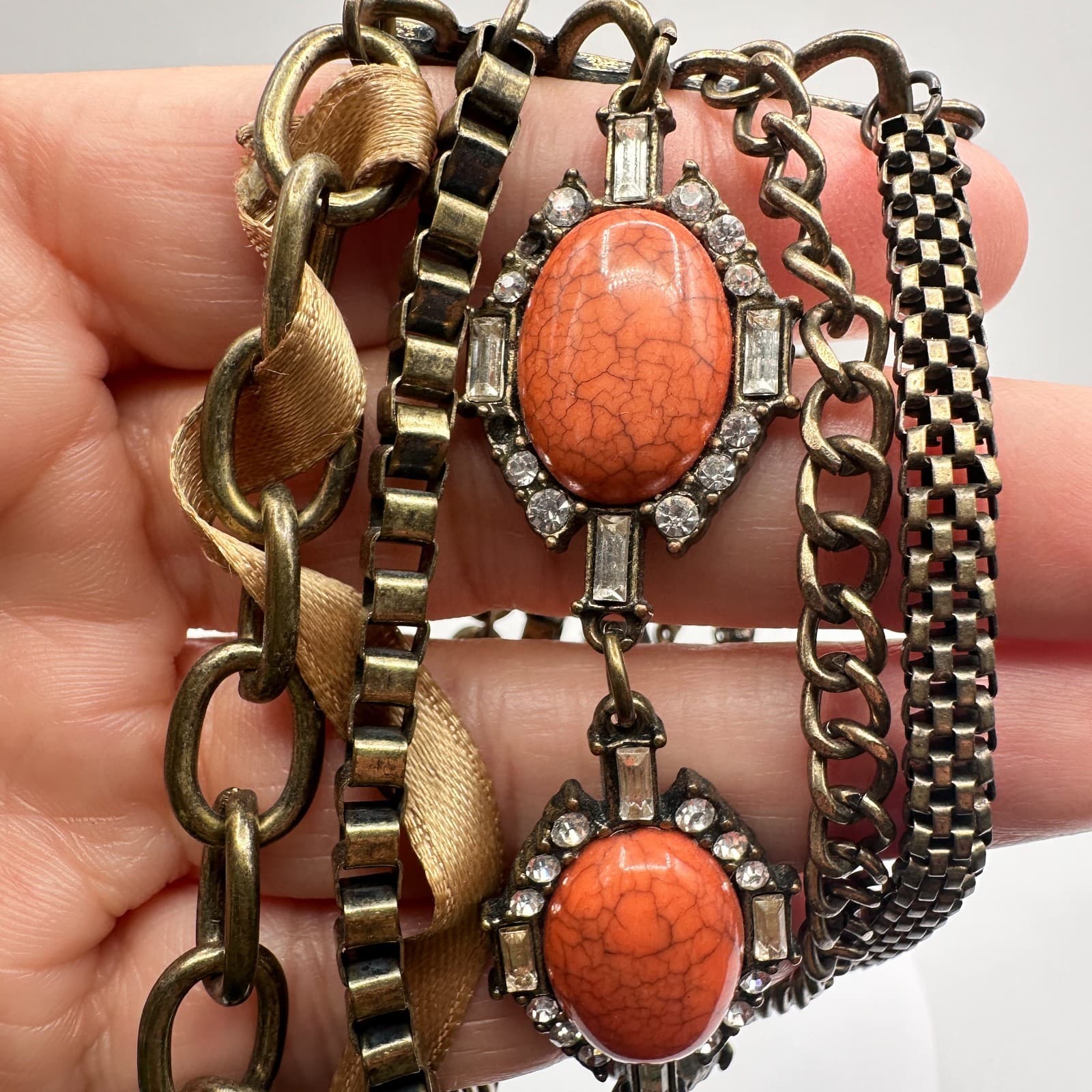 Vintage 90s Bronze Tone Multi-Chain Bracelet Orange Faux Stone Boho Statement - Image 1