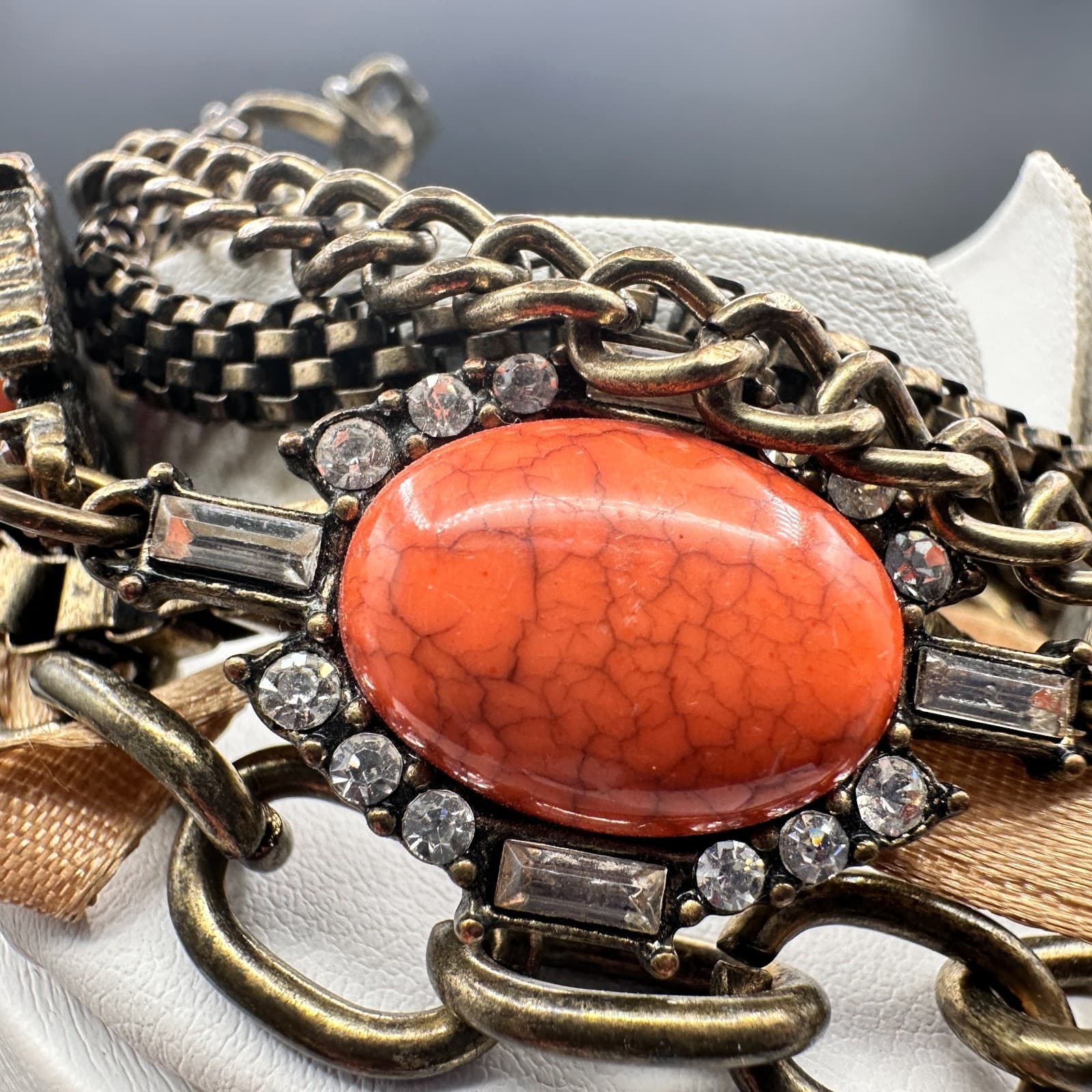 Vintage 90s Bronze Tone Multi-Chain Bracelet Orange Faux Stone Boho Statement - Thumbnail 3