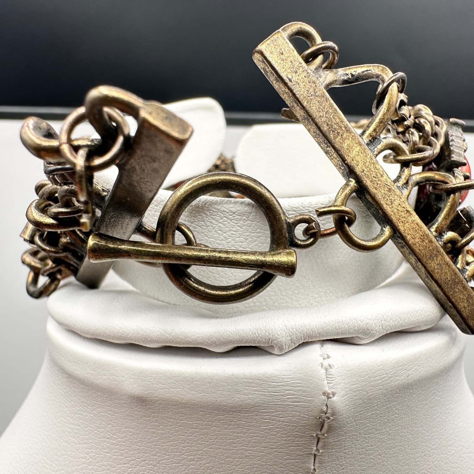 Vintage 90s Bronze Tone Multi-Chain Bracelet Orange Faux Stone Boho Statement - Thumbnail 5