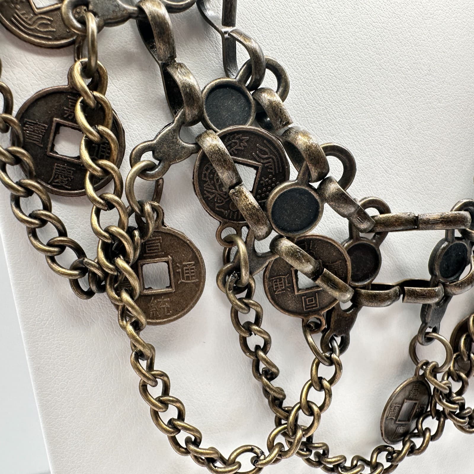 Vintage 90s Multi Layer Coin Statement Necklace Bronze Tone Boho Chunky Bib - Thumbnail 3