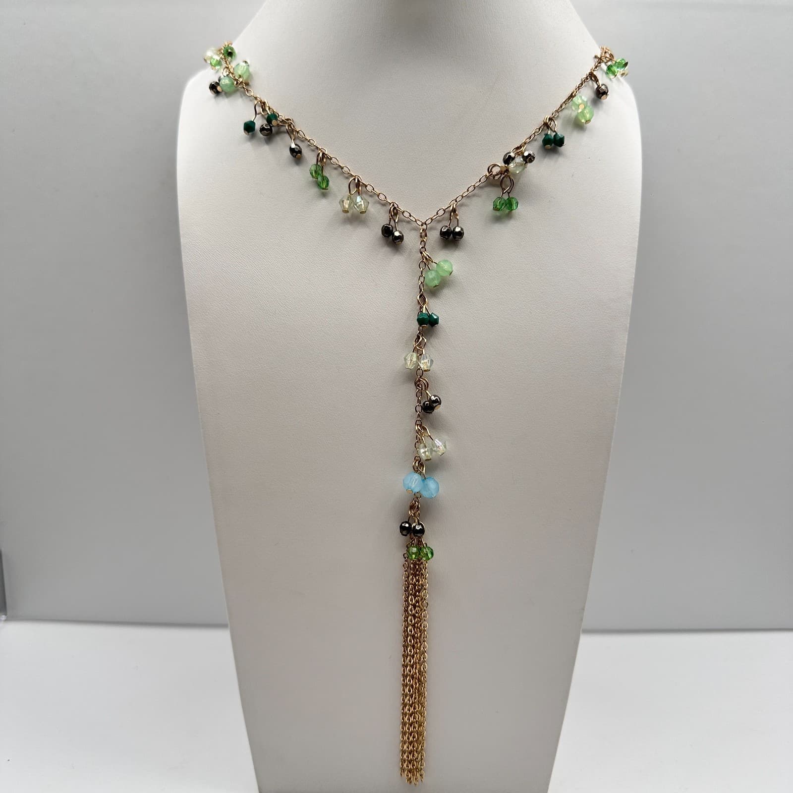 Vintage 80 Gold Tone Y-Drop Tassel Necklace Multicolor Bead Boho Jewelry - Image 1