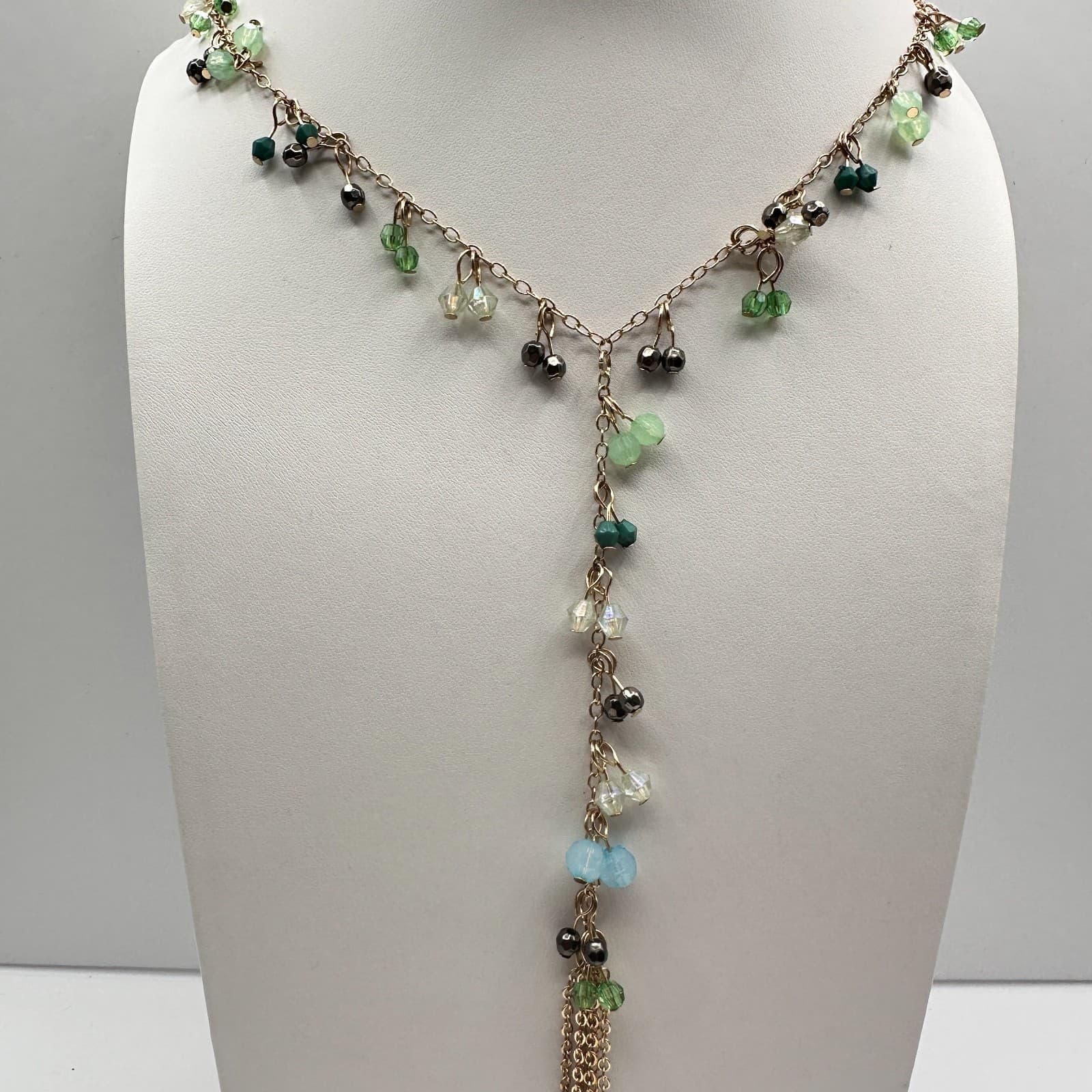 Vintage 80 Gold Tone Y-Drop Tassel Necklace Multicolor Bead Boho Jewelry - Thumbnail 2