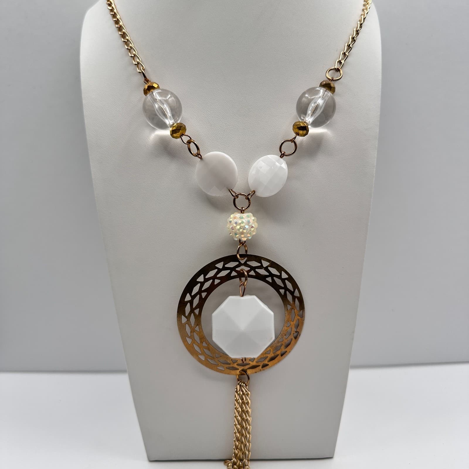 Vintage 80s Gold Tone Drop Geometric White Clear Tassel Necklace Jewelry - Image 1