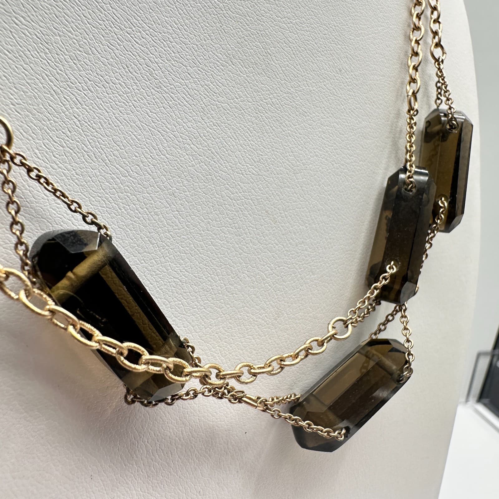 Vintage 80s Gold Tone Layered Necklace Faceted Dark Barrel Bead Stations Jewelry - Thumbnail 3