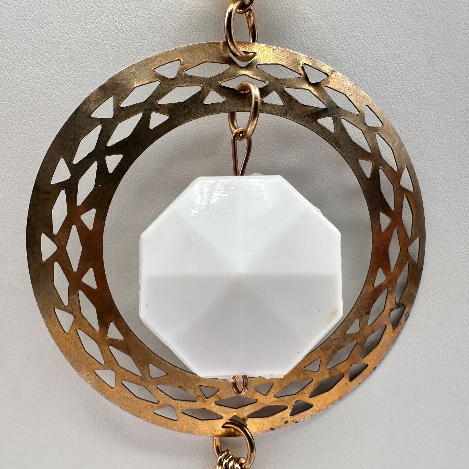 Vintage 80s Gold Tone Drop Geometric White Clear Tassel Necklace Jewelry - Thumbnail 3