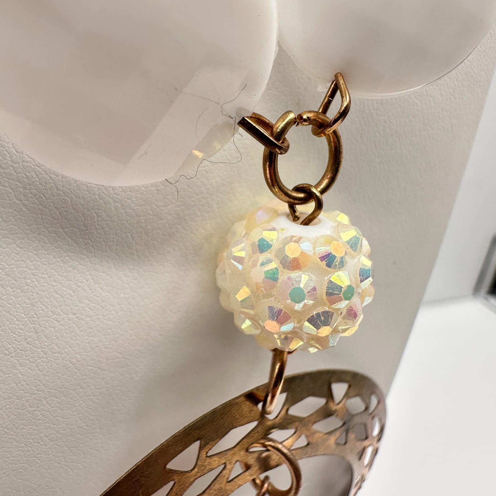 Vintage 80s Gold Tone Drop Geometric White Clear Tassel Necklace Jewelry - Thumbnail 6