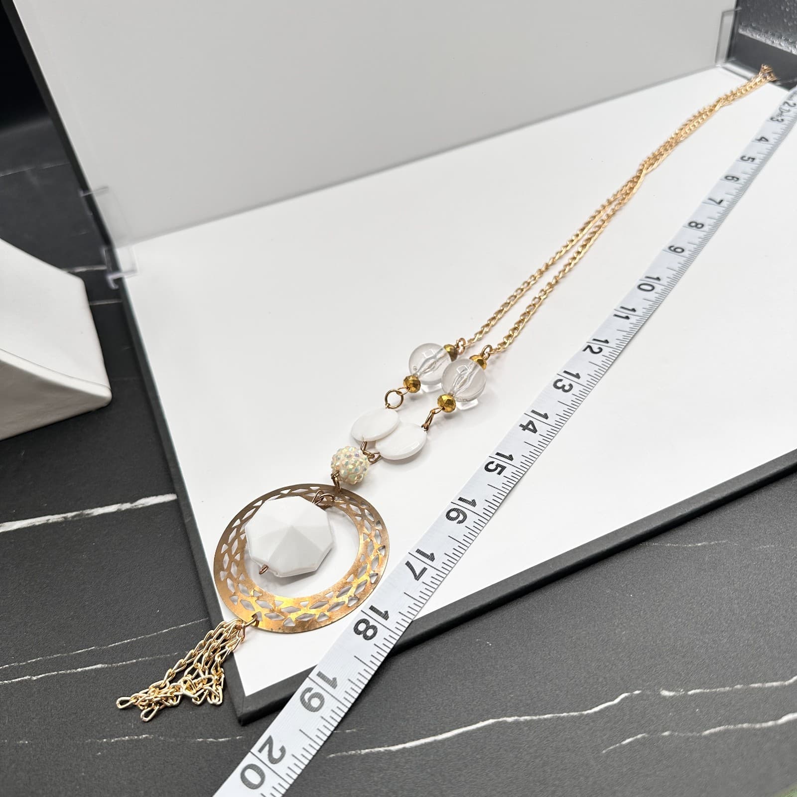 Vintage 80s Gold Tone Drop Geometric White Clear Tassel Necklace Jewelry - Thumbnail 8
