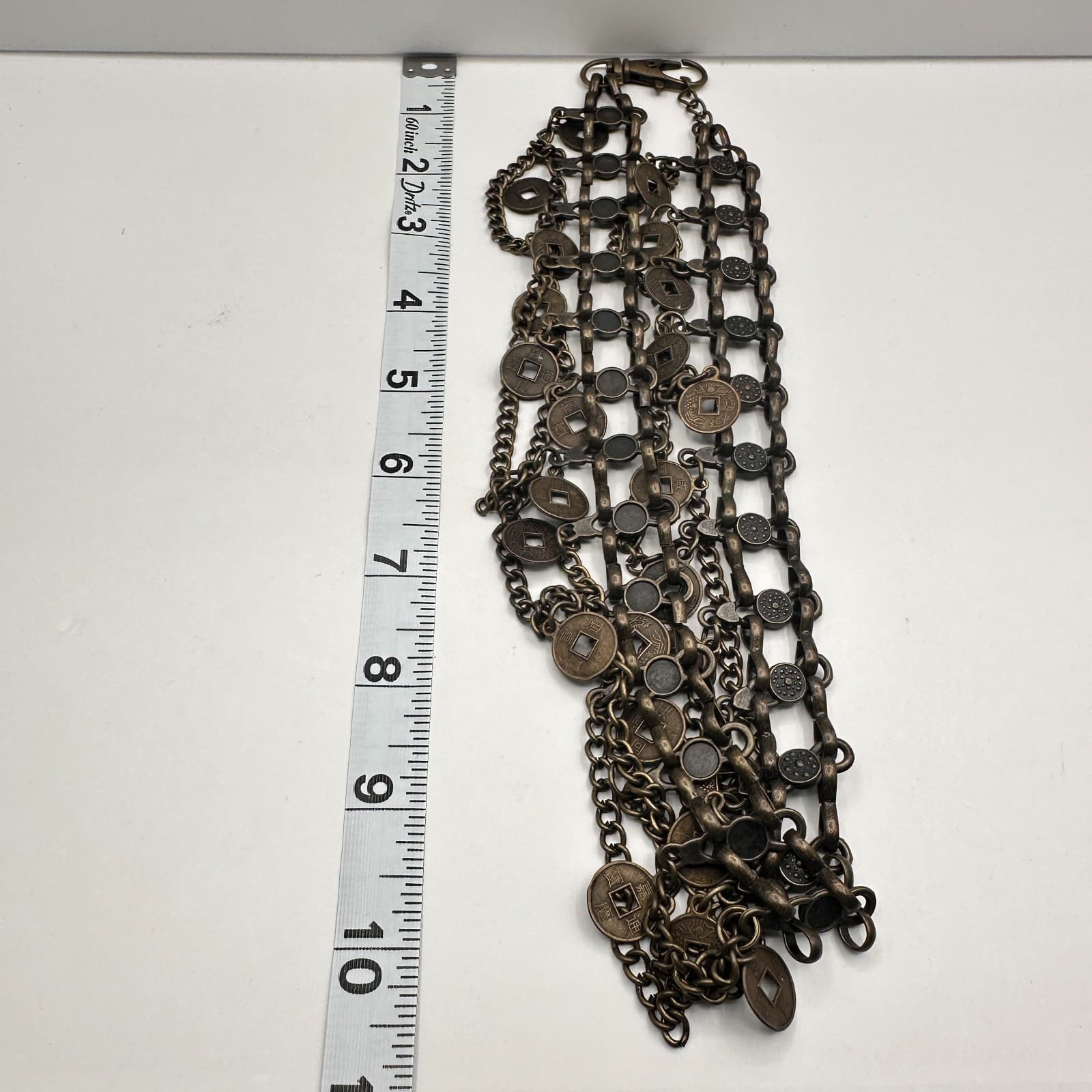 Vintage 90s Multi Layer Coin Statement Necklace Bronze Tone Boho Chunky Bib - Thumbnail 8