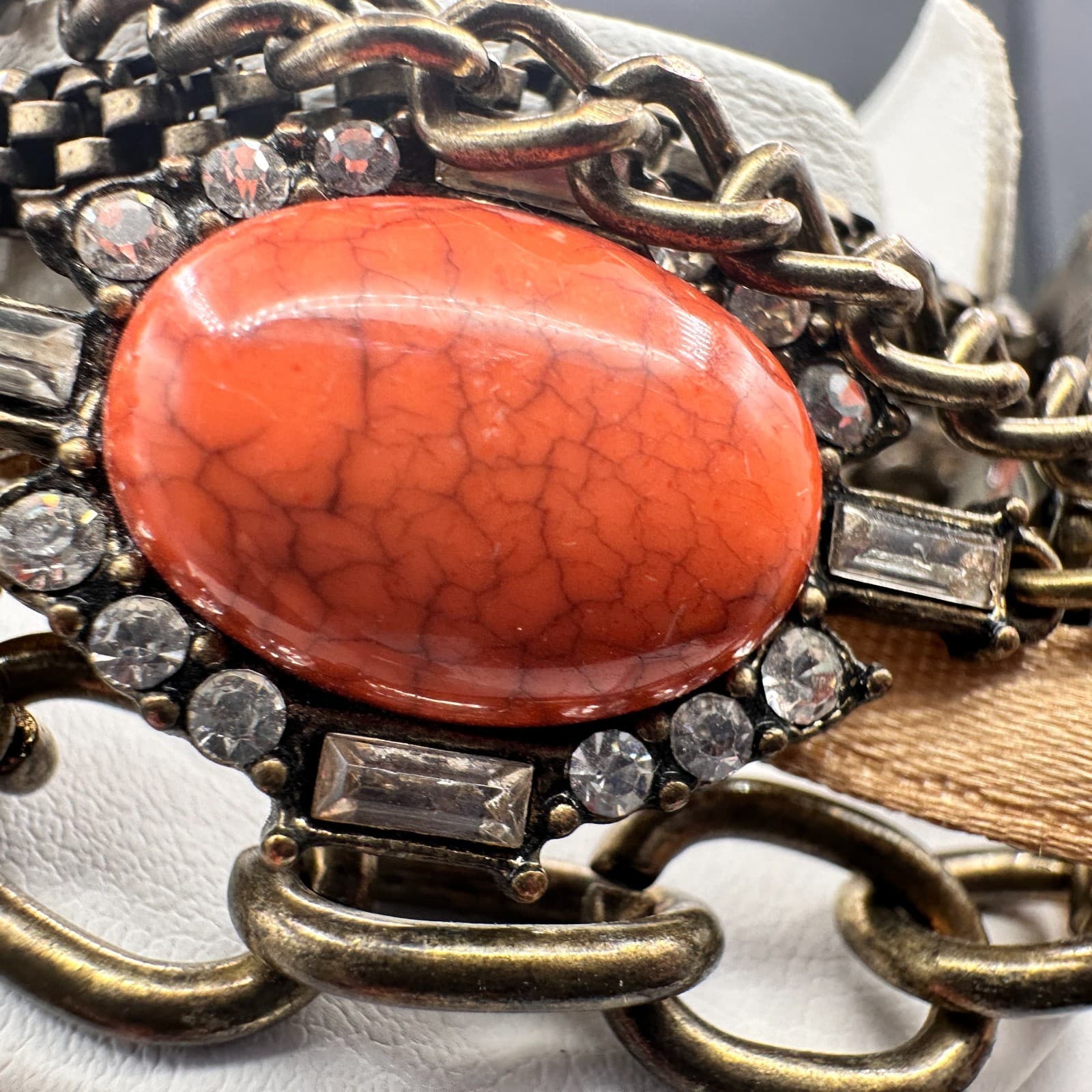 Vintage 90s Bronze Tone Multi-Chain Bracelet Orange Faux Stone Boho Statement - Thumbnail 4