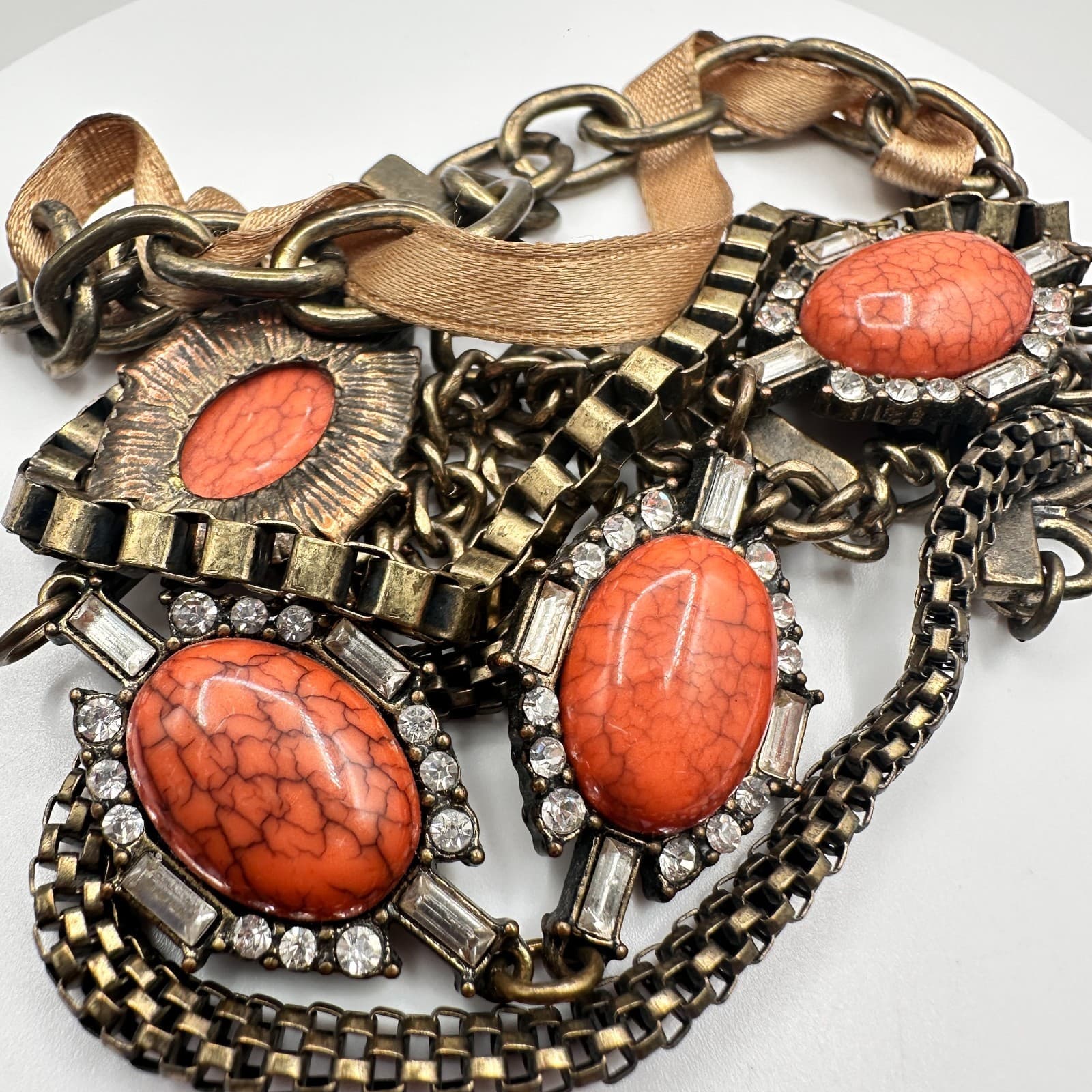 Vintage 90s Bronze Tone Multi-Chain Bracelet Orange Faux Stone Boho Statement - Thumbnail 6