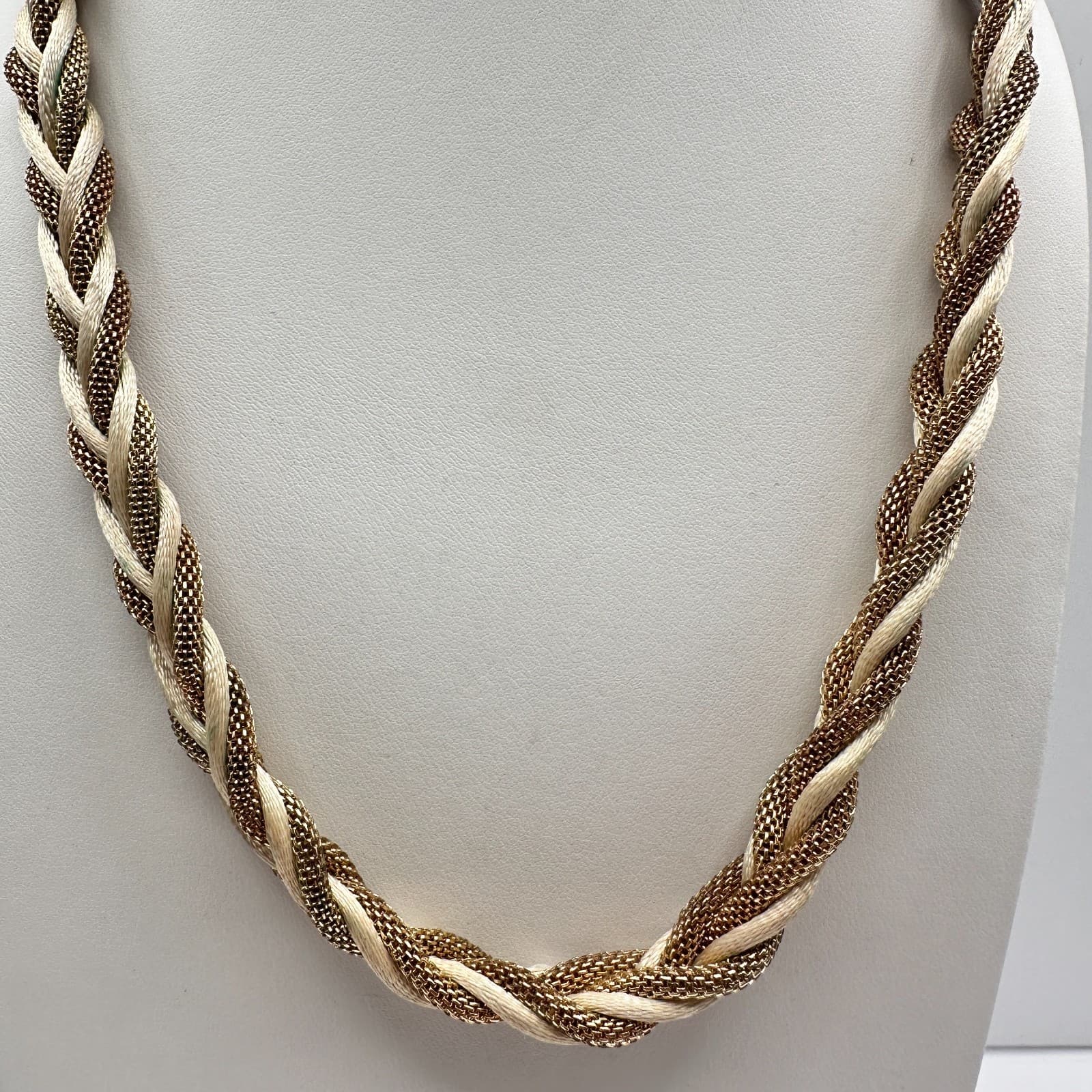 Vintage 90s Braided Gold Tone Mesh & Cream Silk Cord Statement Necklace Jewelry - Thumbnail 7