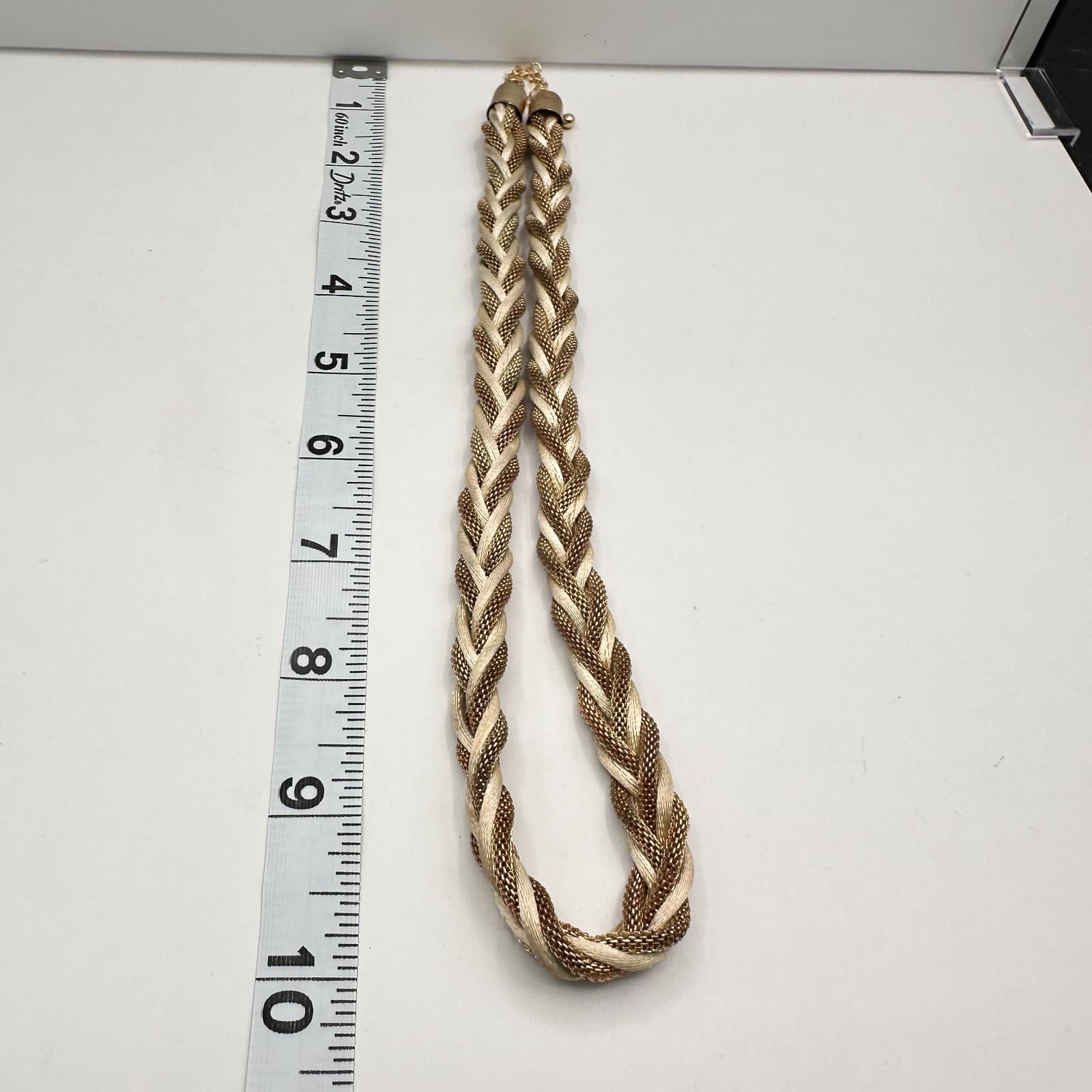 Vintage 90s Braided Gold Tone Mesh & Cream Silk Cord Statement Necklace Jewelry - Thumbnail 9