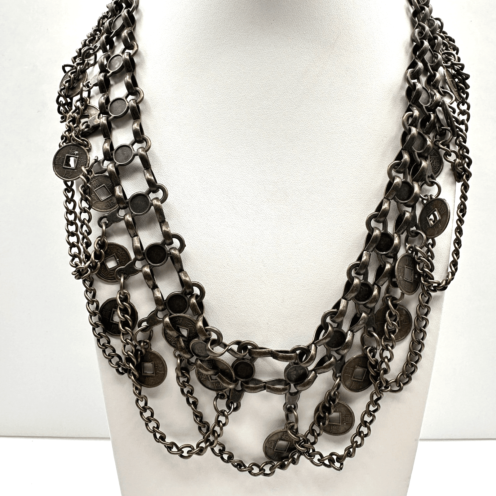 Vintage 90s Multi Layer Coin Statement Necklace Bronze Tone Boho Chunky Bib - Image 1