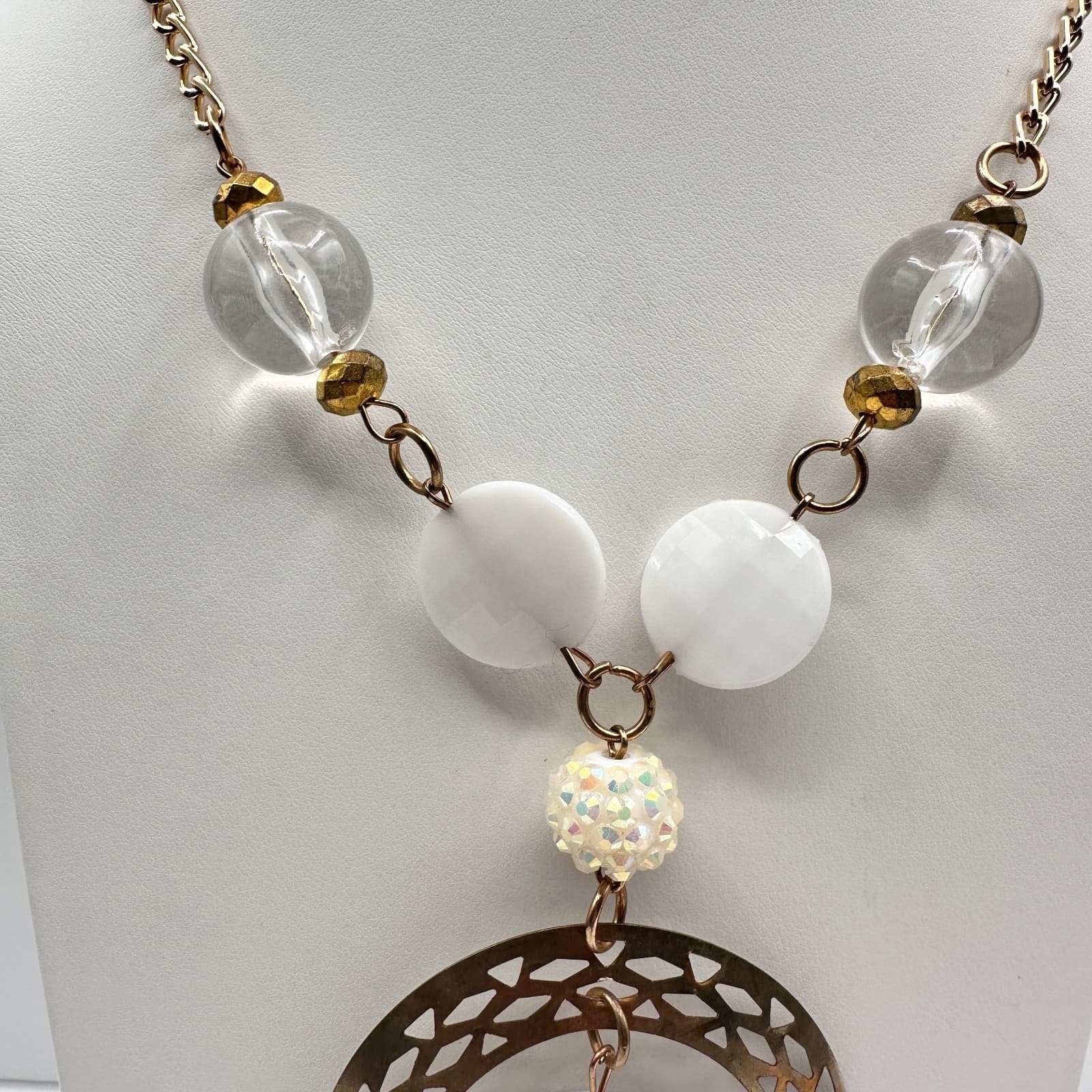 Vintage 80s Gold Tone Drop Geometric White Clear Tassel Necklace Jewelry - Thumbnail 2