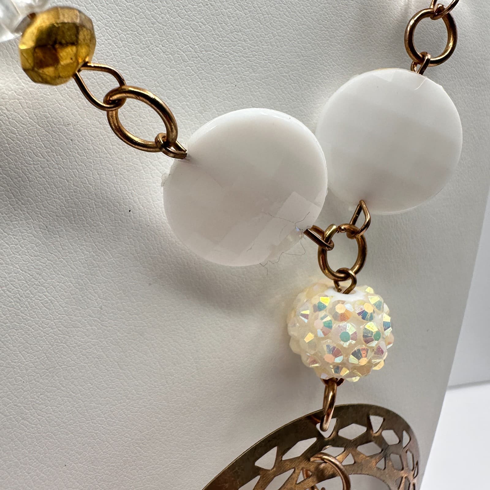 Vintage 80s Gold Tone Drop Geometric White Clear Tassel Necklace Jewelry - Thumbnail 5