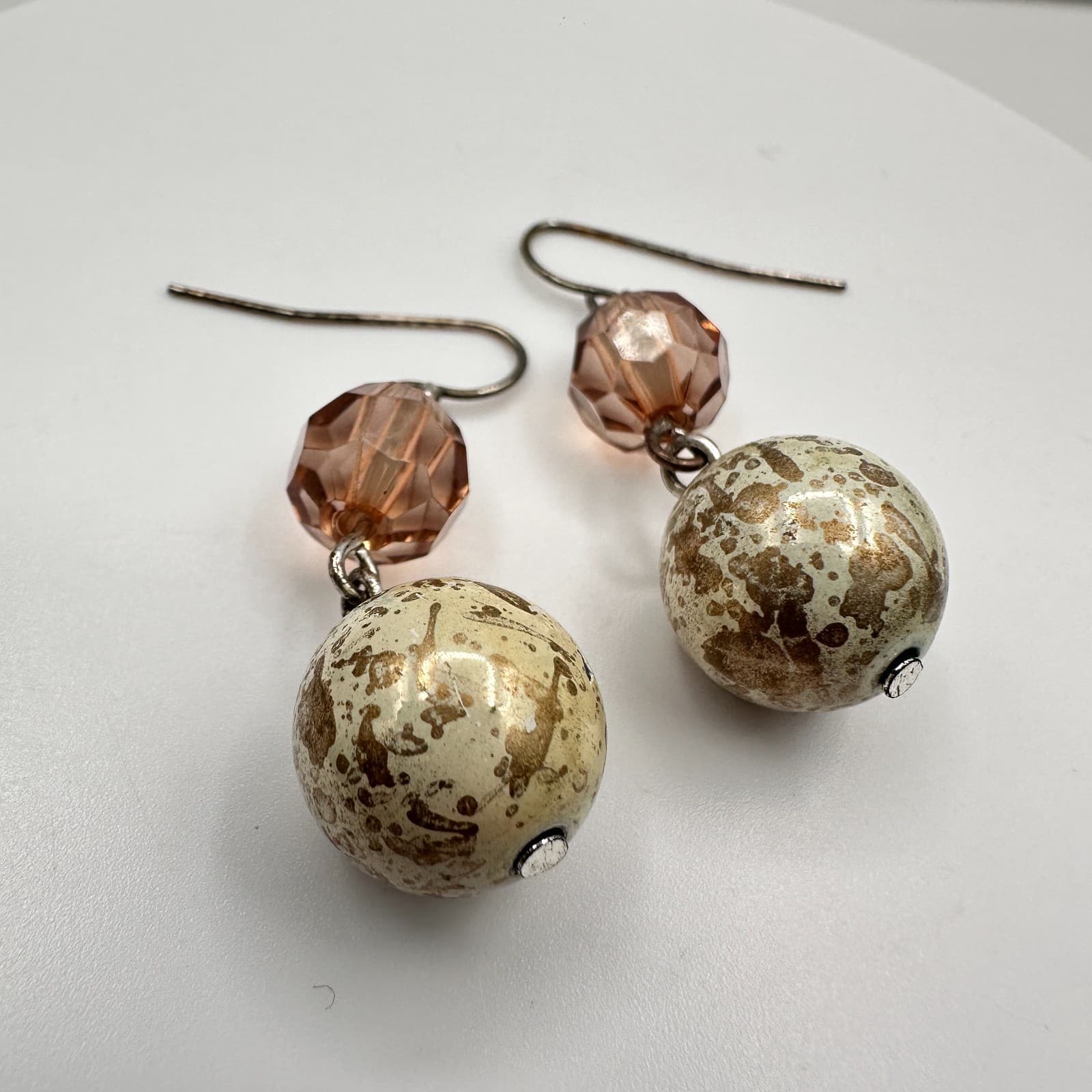 Vintage 90s Spotted Cream Bead Dangle Earrings Pink Glass Hook Boho Jewelry - Thumbnail 2