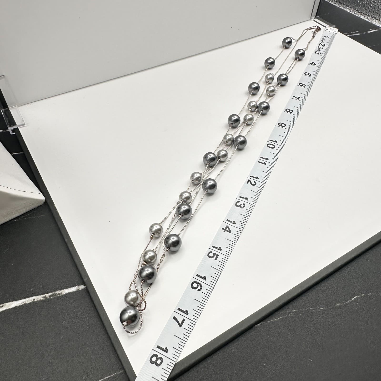 Vintage 90s Multi Strand Grey Faux Pearl Station Beads Necklace Silver Tone - Thumbnail 9