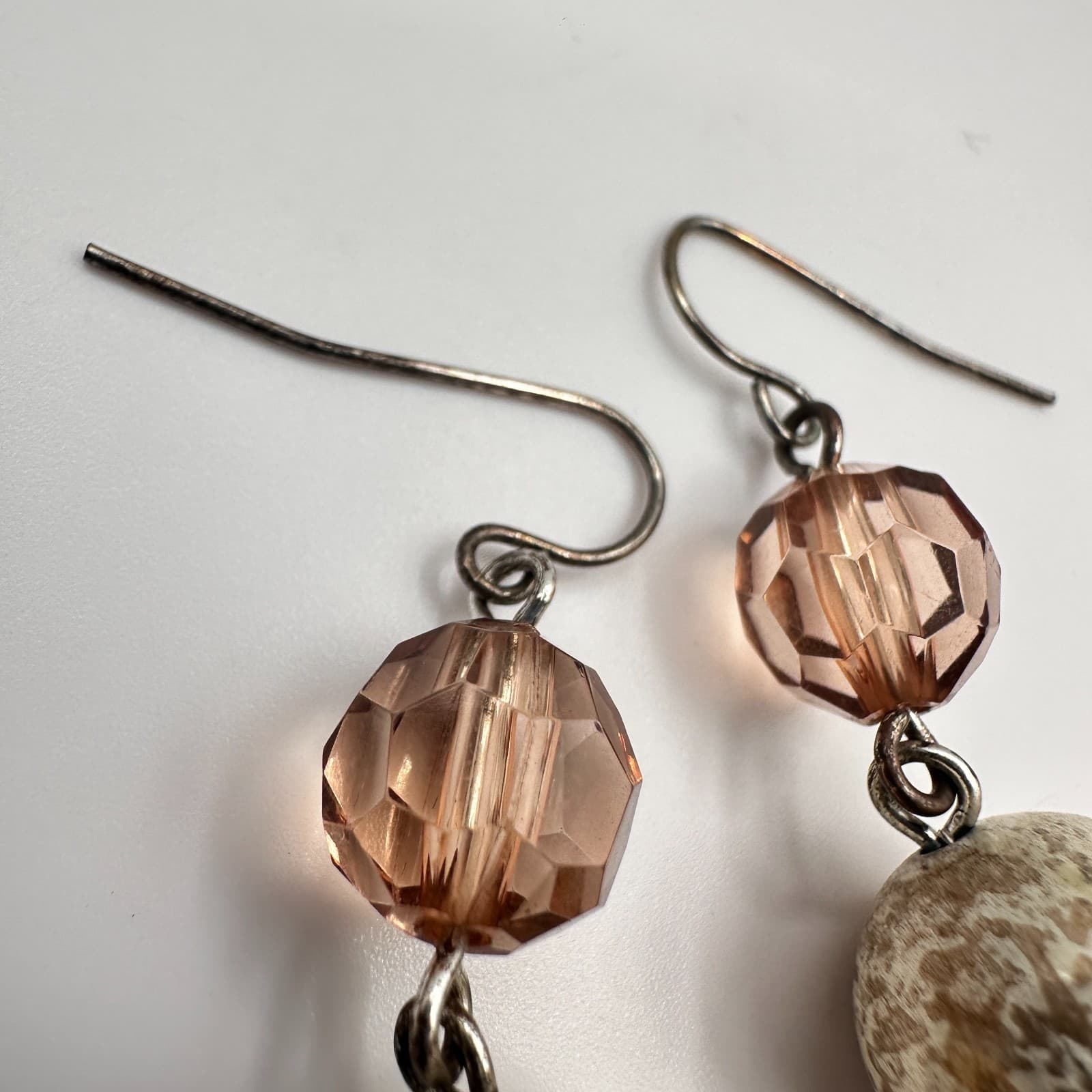 Vintage 90s Spotted Cream Bead Dangle Earrings Pink Glass Hook Boho Jewelry - Thumbnail 4