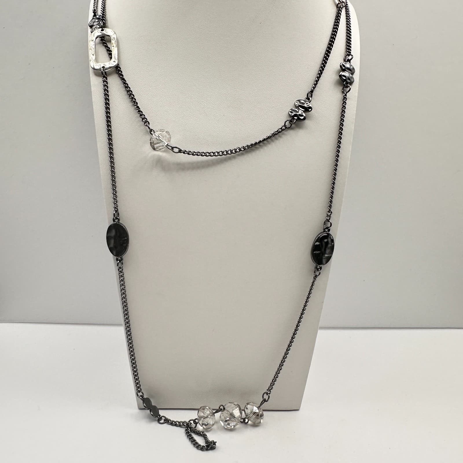 Vintage 80s Gunmetal Station Necklace Clear Beads Black Pendant Jewelry - Image 1