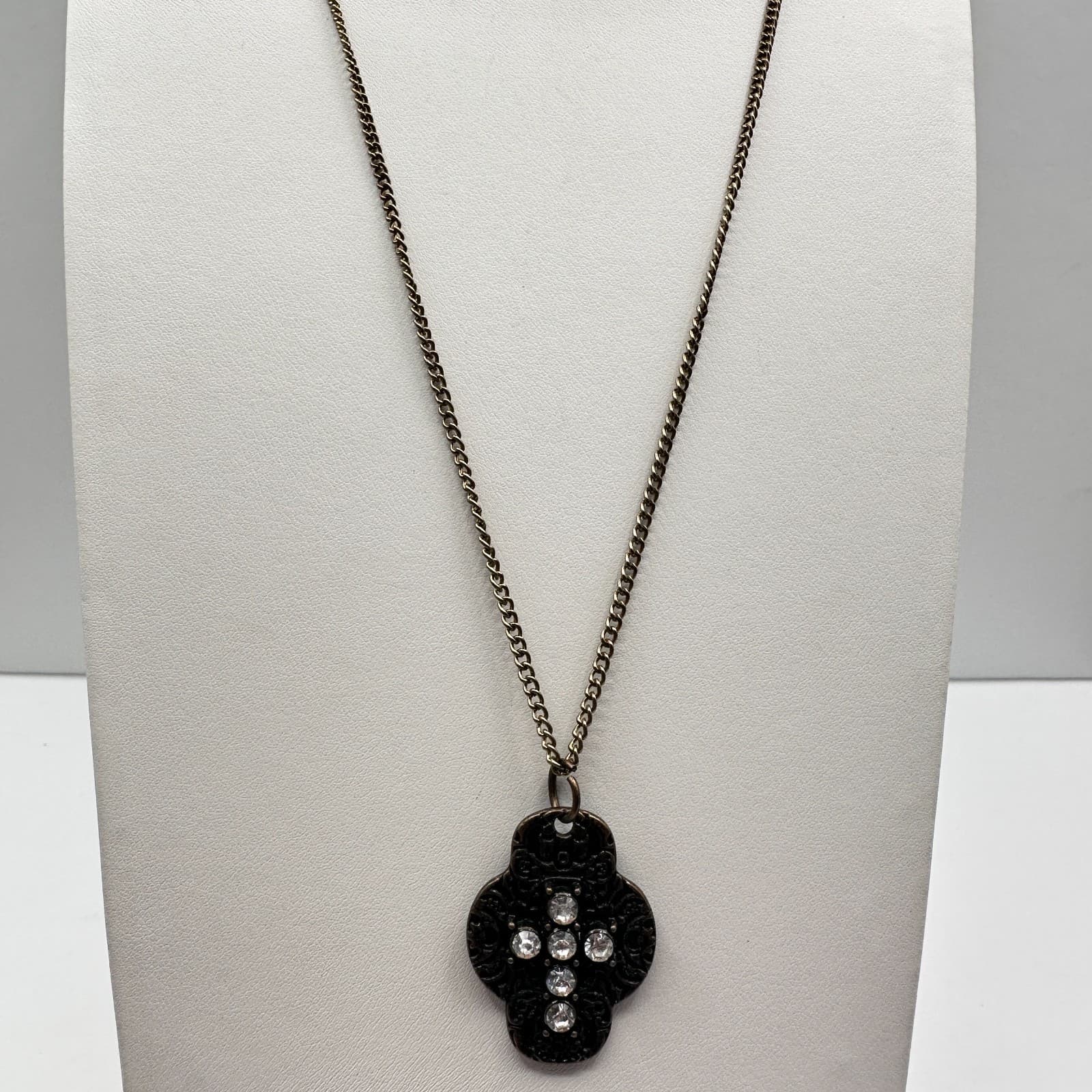 Vintage 70 Black Cross Necklace Quatrefoil Design Antique Finish Jewelry - Image 1