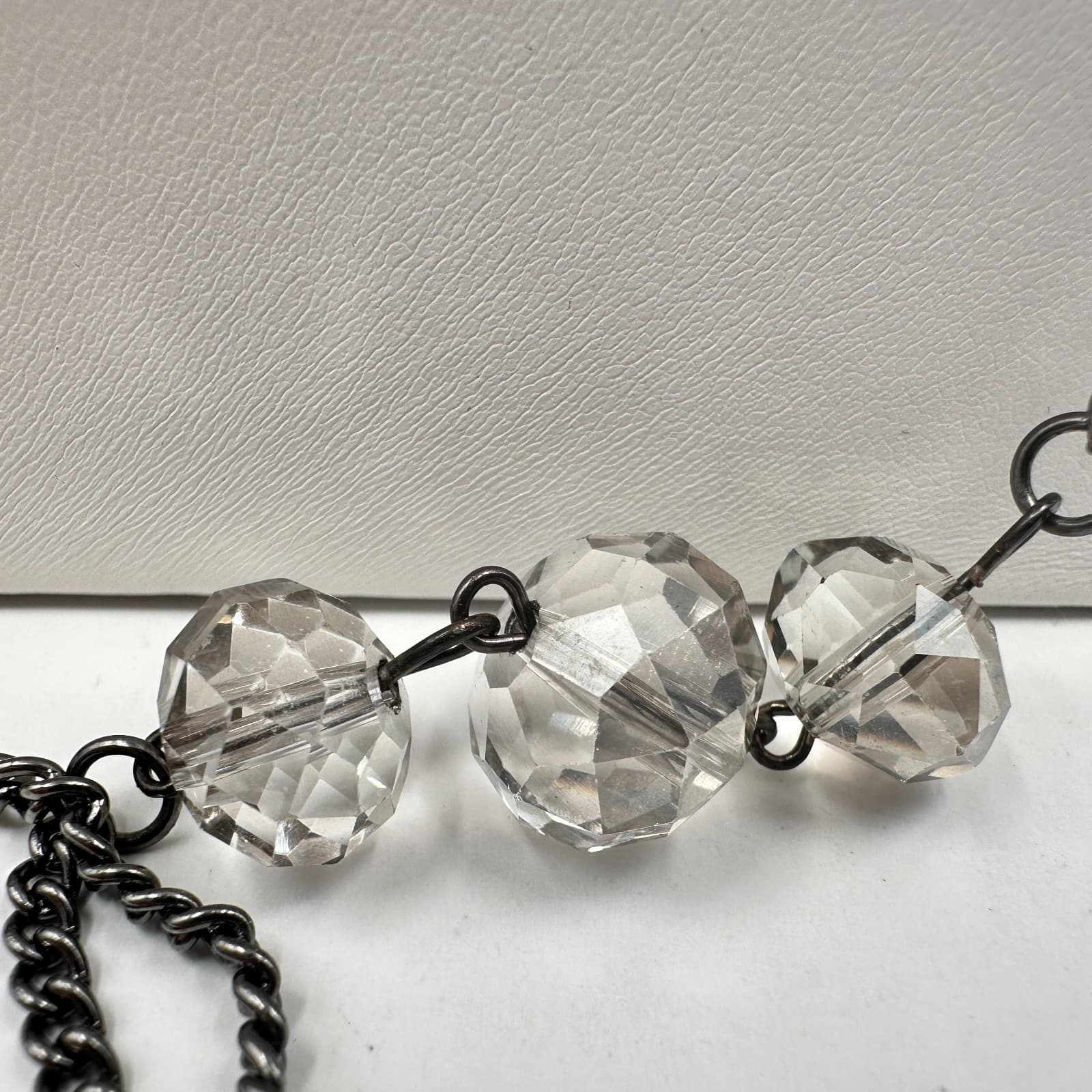 Vintage 80s Gunmetal Station Necklace Clear Beads Black Pendant Jewelry - Thumbnail 4