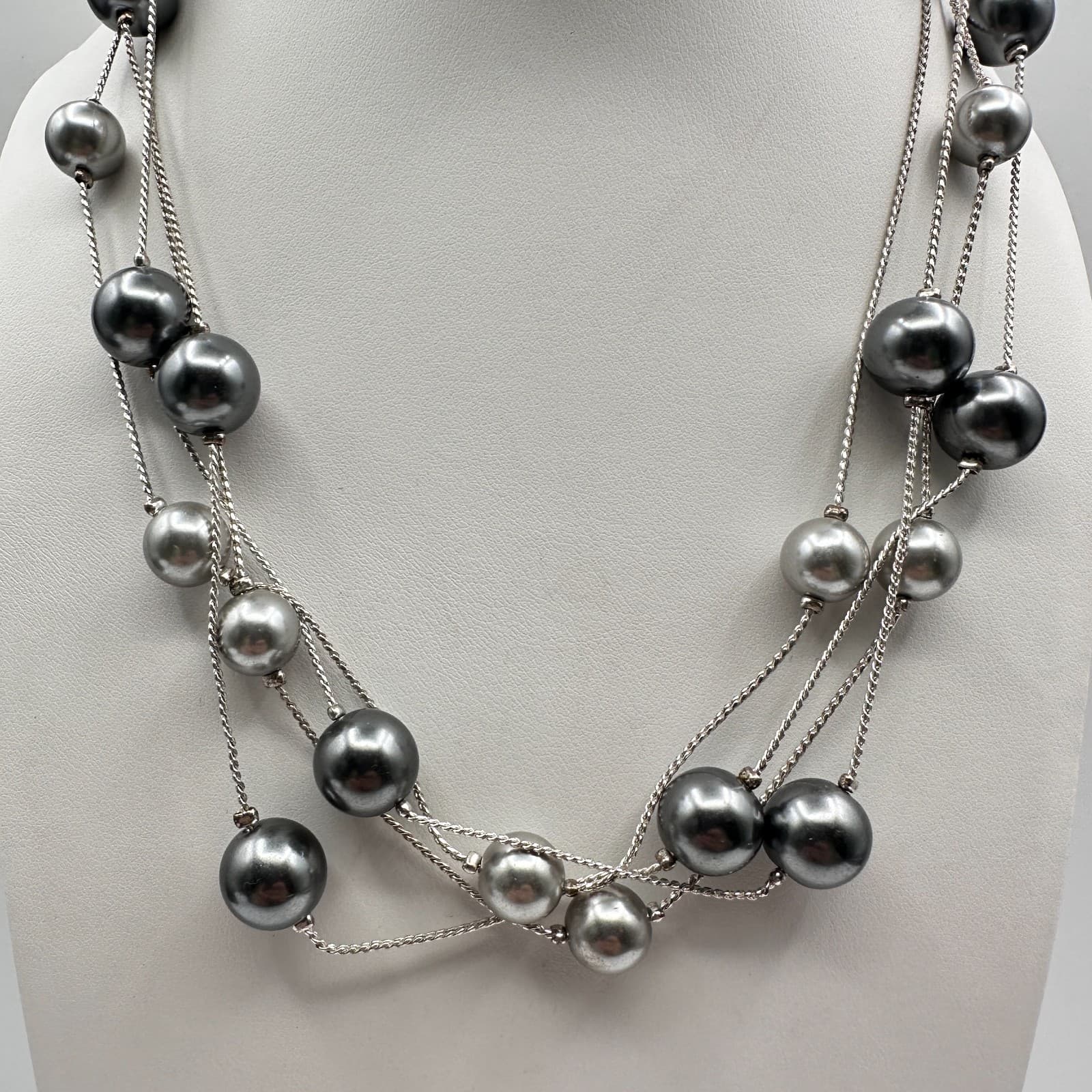 Vintage 90s Multi Strand Grey Faux Pearl Station Beads Necklace Silver Tone - Thumbnail 2