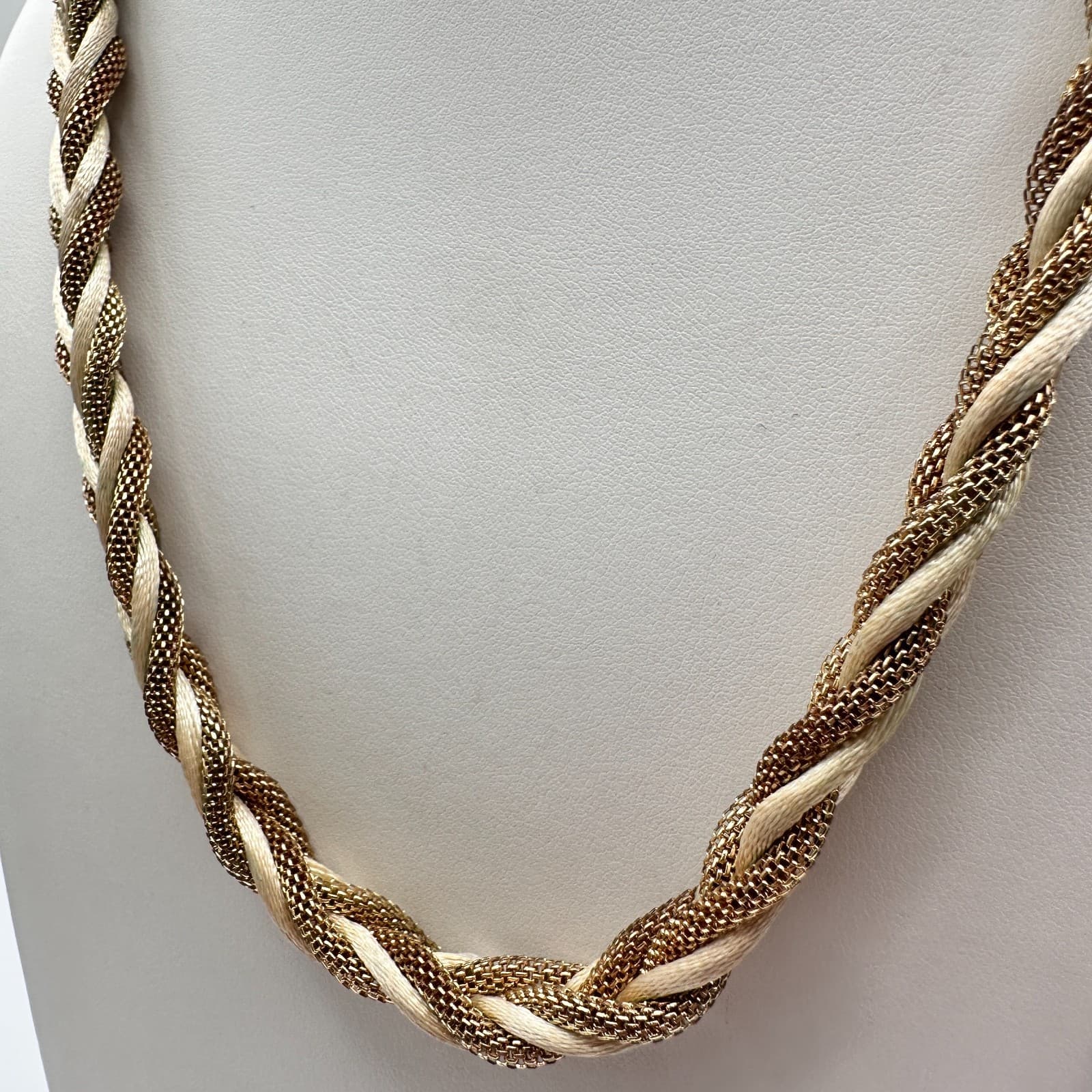 Vintage 90s Braided Gold Tone Mesh & Cream Silk Cord Statement Necklace Jewelry - Thumbnail 6