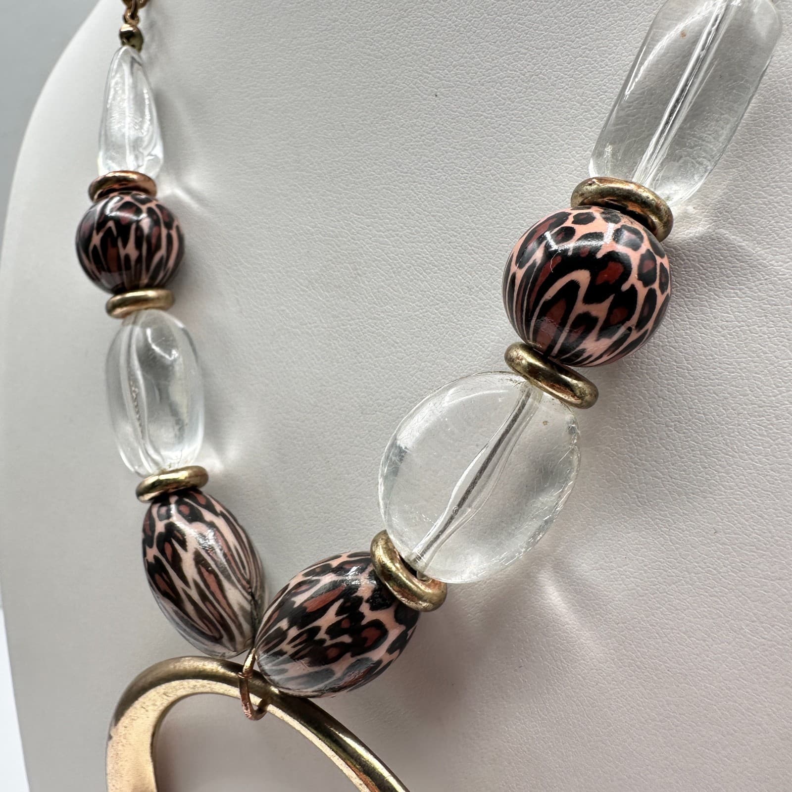 Vintage 90s Gold Tone Statement Necklace Clear Leopard Beads Large Hoop Jewelry - Thumbnail 8