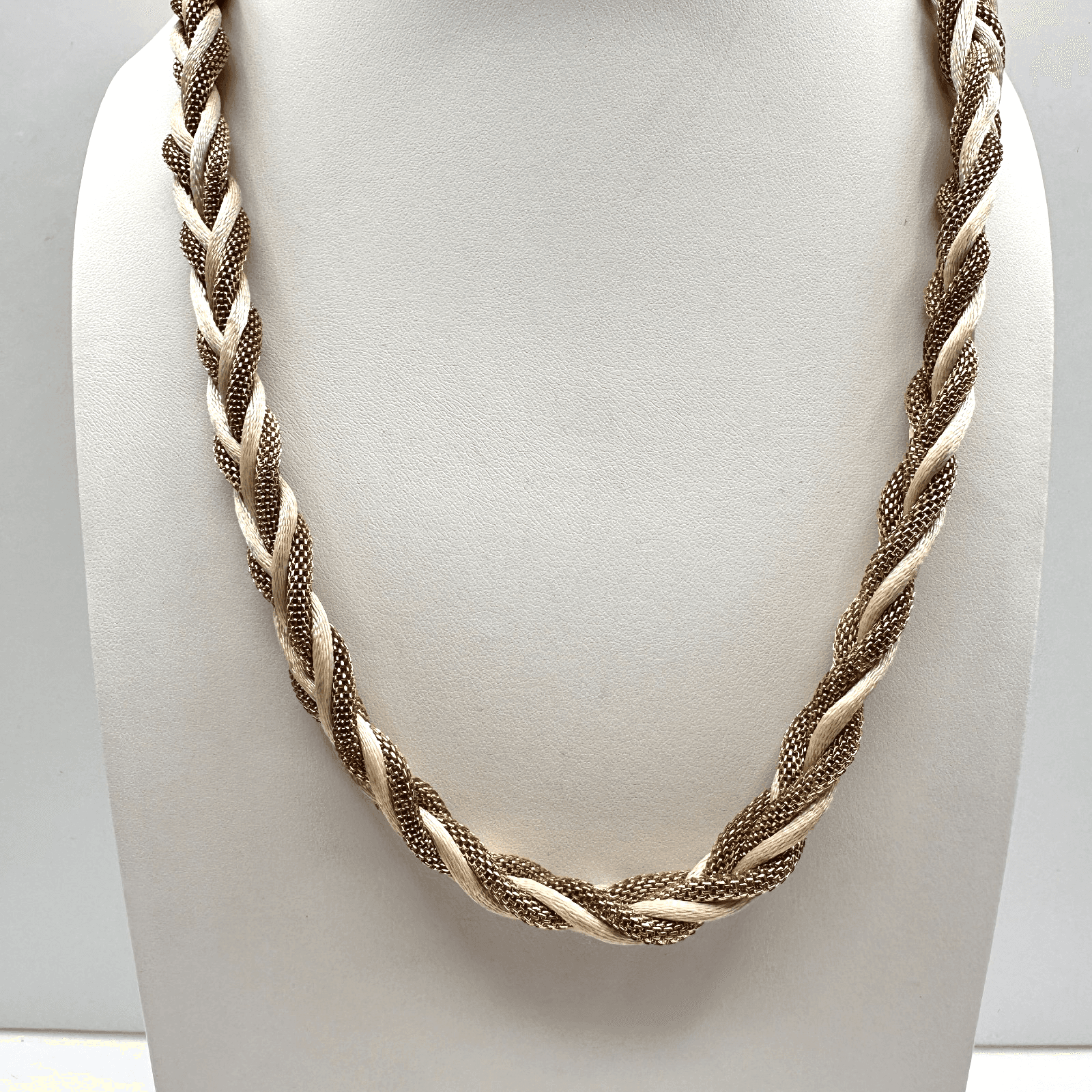 Vintage 90s Braided Gold Tone Mesh & Cream Silk Cord Statement Necklace Jewelry - Image 1
