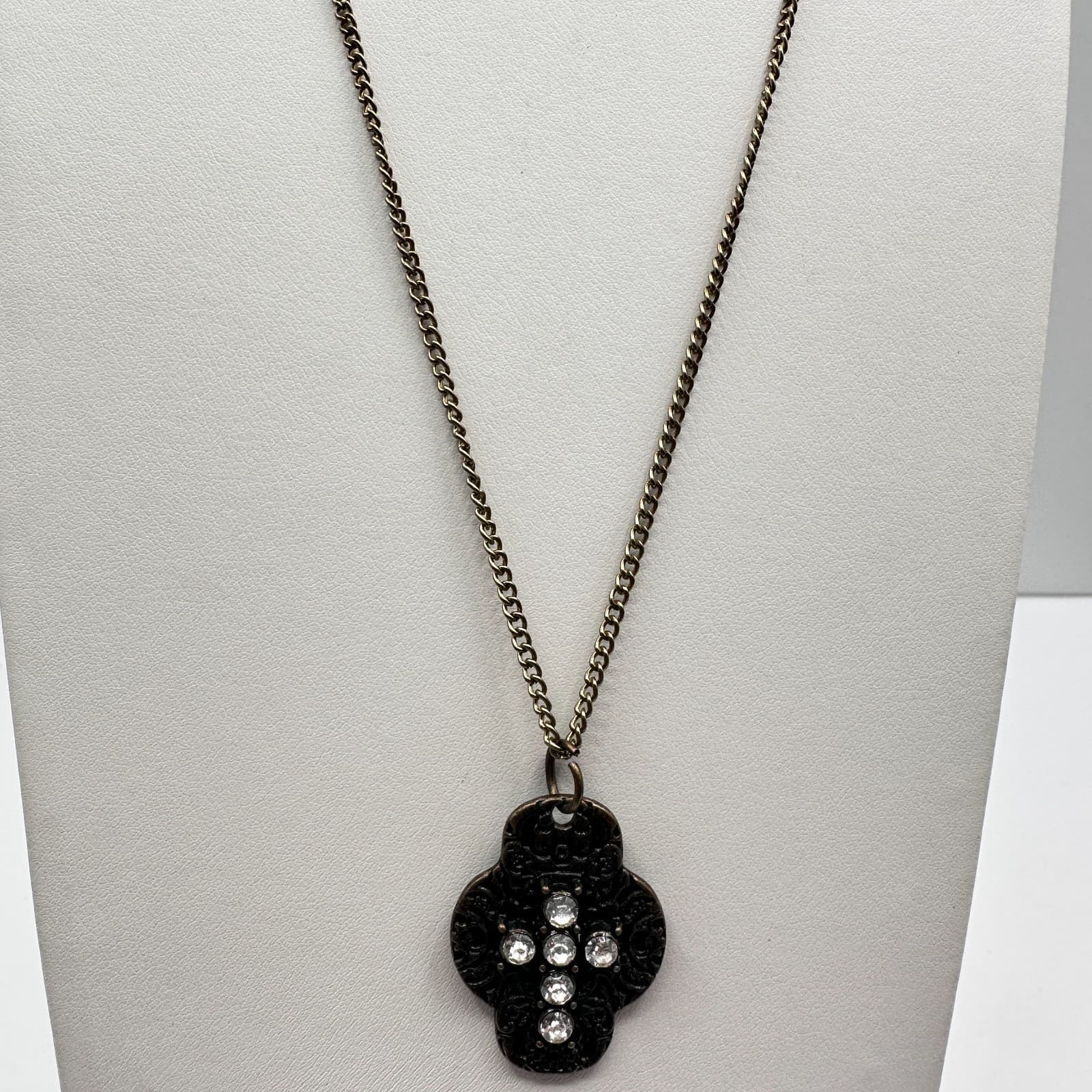 Vintage 70 Black Cross Necklace Quatrefoil Design Antique Finish Jewelry - Thumbnail 5