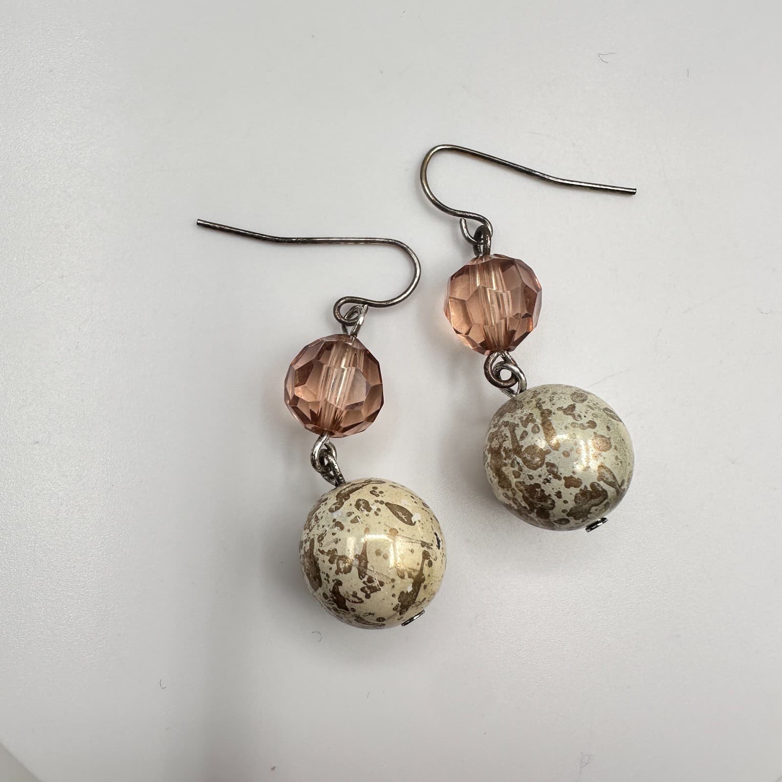 Vintage 90s Spotted Cream Bead Dangle Earrings Pink Glass Hook Boho Jewelry - Image 1