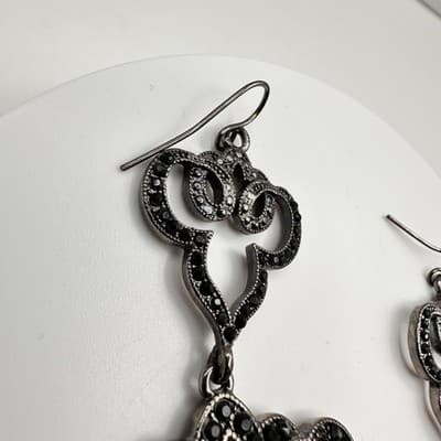 Vintage Y2K Black Rhinestone Chandelier Earrings Gunmetal Filigree Jewelry - Thumbnail 5