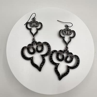 Vintage Y2K Black Rhinestone Chandelier Earrings Gunmetal Filigree Jewelry - Thumbnail 2