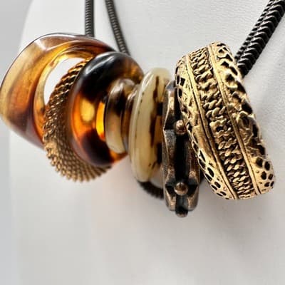 Vintage 90s Black Cord Necklace Tortoise Shell Resin & Gold Tone Ring Charms - Thumbnail 7