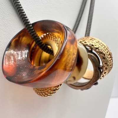 Vintage 90s Black Cord Necklace Tortoise Shell Resin & Gold Tone Ring Charms - Thumbnail 3