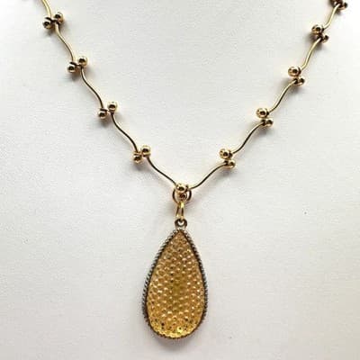 Vintage Y2K Yellow Crystal Teardrop Pendant Necklace Gold Tone Statement Jewelry - Image 1