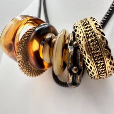 Vintage 90s Black Cord Necklace Tortoise Shell Resin & Gold Tone Ring Charms - Thumbnail 6