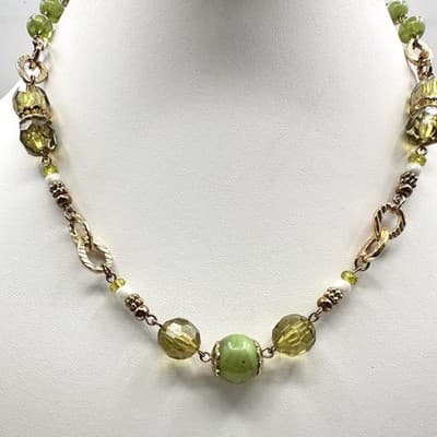 Necklace Vintage Gold Tone Beaded Statement Lime Green Olive Glass Faceted - Image 1