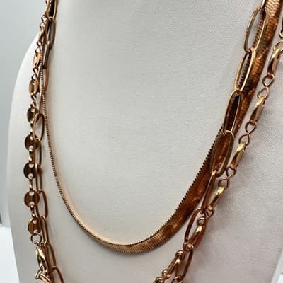 Necklace Gold Tone Multi Strand Layered Herringbone Paperclip Coffee Bean Chain - Thumbnail 7