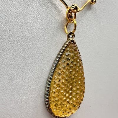 Vintage Y2K Yellow Crystal Teardrop Pendant Necklace Gold Tone Statement Jewelry - Thumbnail 5